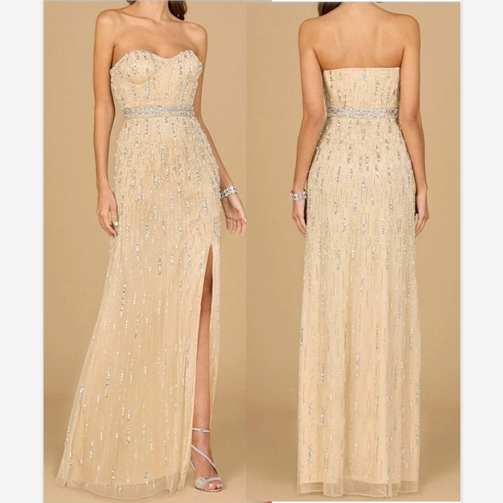NWT Lara Dresses 29035 Champagne Pearl Strapless Beaded Evening Gown Sz 4
